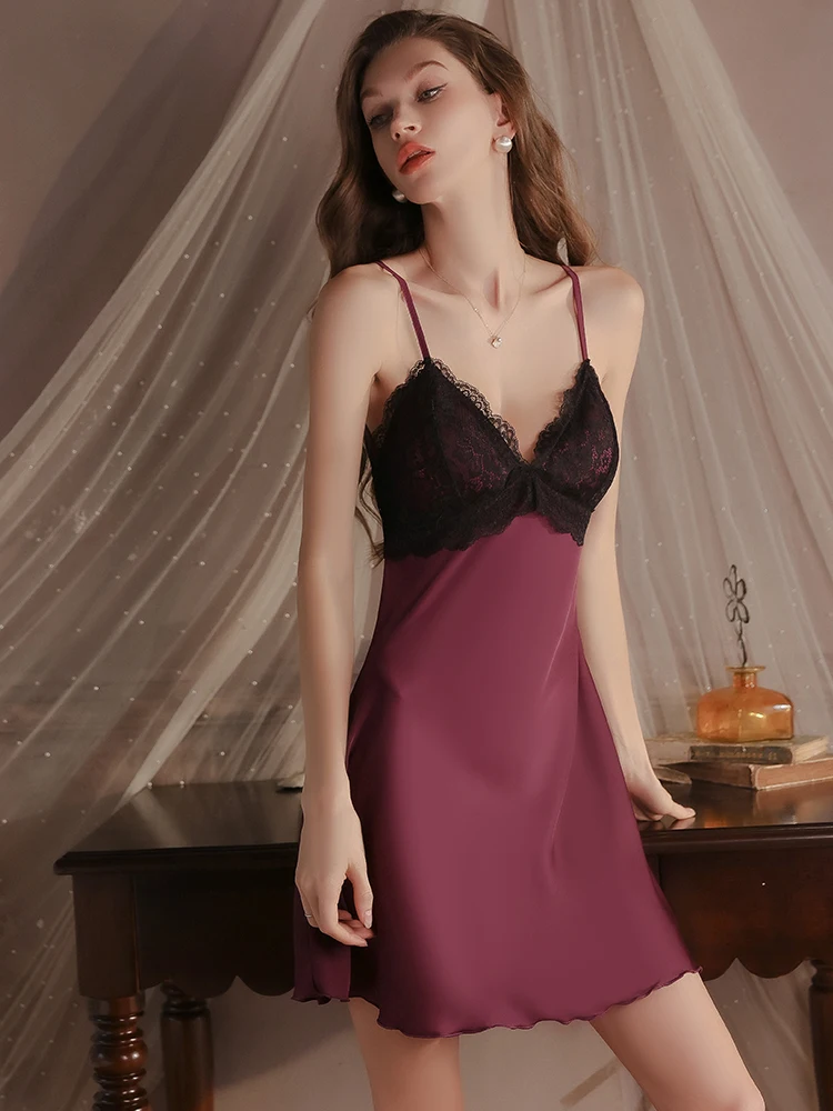 

plus Size Sexy Satin Solid Color Sleepwear Casual Comfortable Strap Sleep Dress with Chest Pad Smooth Home Clothes 2621