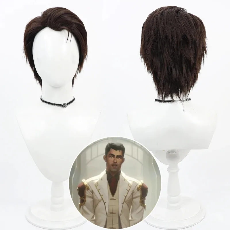 Juego LOL Arcane Jayce Talis peluca de Cosplay pelo sintético corto marrón oscuro resistente al calor Halloween carnaval juego de rol