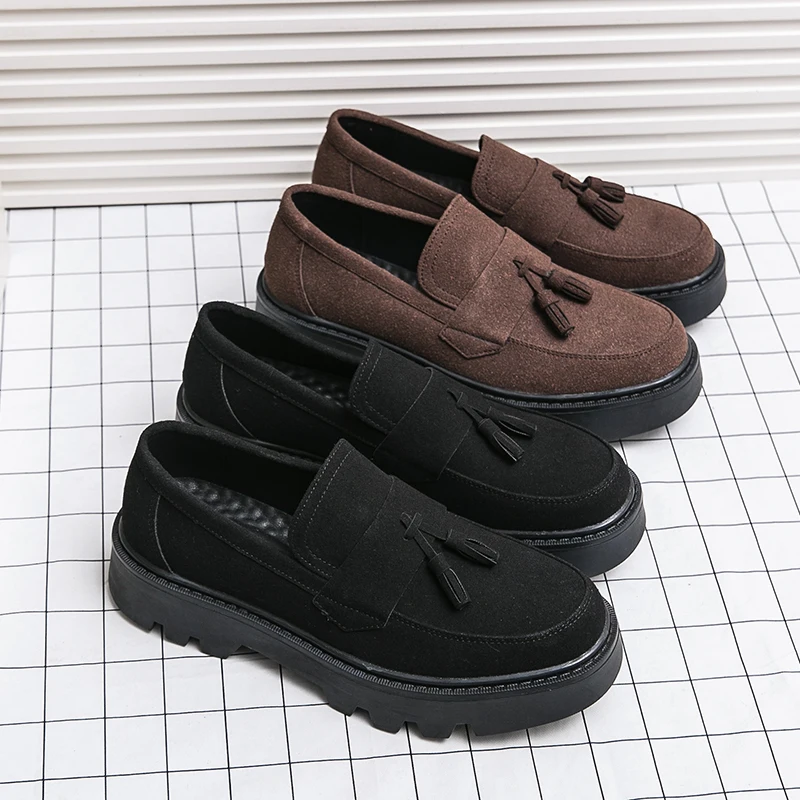 Hight Quality Spring British Street Style Suede Leather Loafers For Men Black Hombre Daily Dress Slip-On Height Increasing Shoes