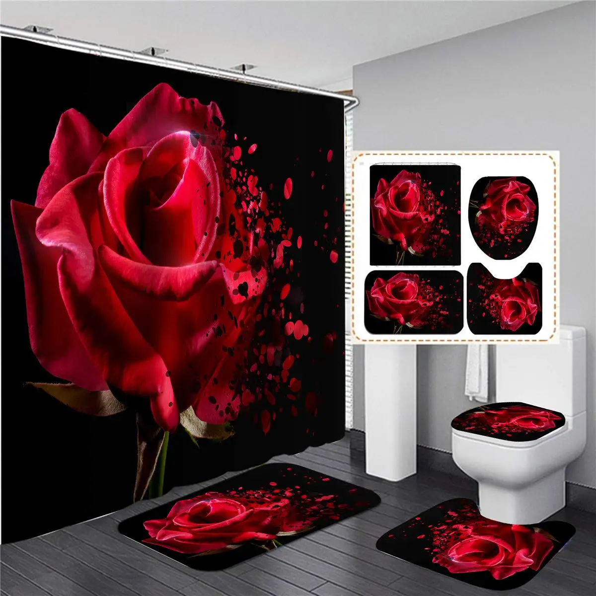 

Red Rose Flowers Bathroom Curtains Black Fabric Shower Curtain Set Bath Mats Rugs Toilet Lid Cover Anti-skid Carpet Home Decor