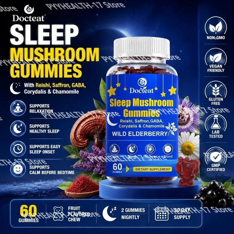 Sleep Mushroom Gummies with Relaxation Support and Healthy Sleep Reishi Saffron GABA Chamomile Corydalis Extracts 60 Gummies