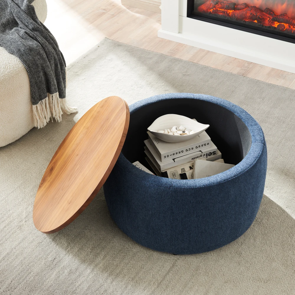 Round Storage Ottoman, 2 In 1 Function, Work As End Table And Ottoman, Navy (25…