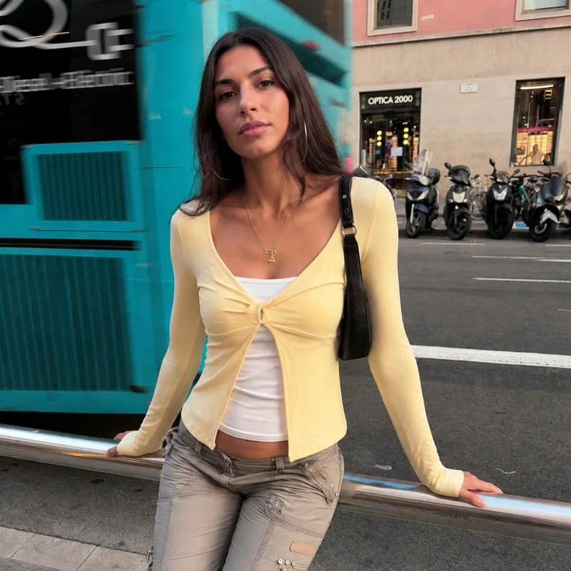 European And American Style Twisted V-neck Color Blocked Two-piece Long Sleeved Top Y2k Harajuku Slimming Spicy Girl Jumper