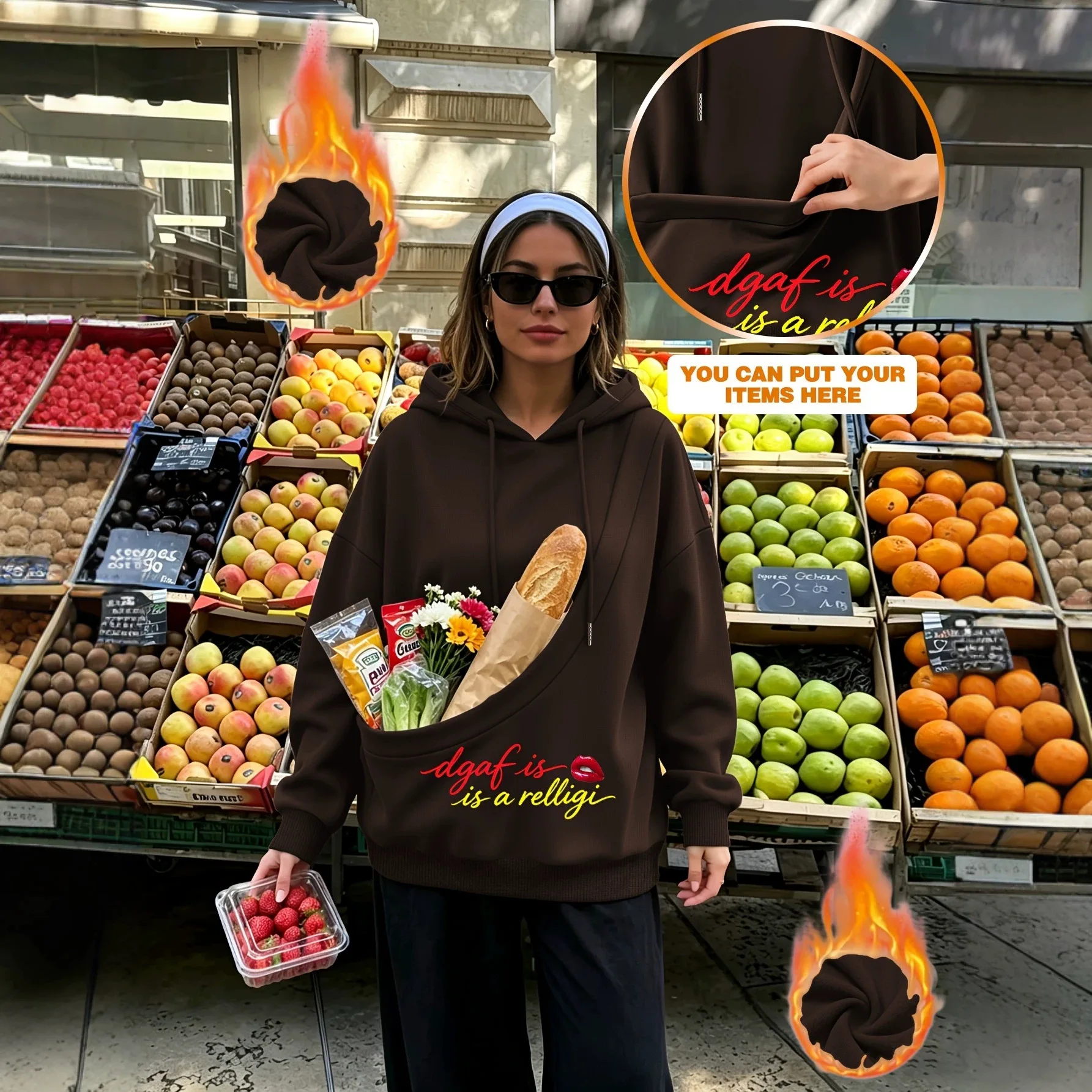 Womens Pet Carrier Hoodie Oversized Printed Fleece Lined Sweatshirt Coat Casual Pet Holding Pocket Hooded Jacket