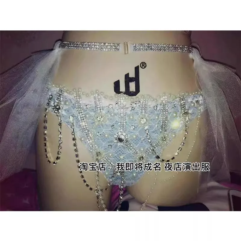 تخصيص الكهربائية ميلودي المغني DjDs الرقص الشرقي أداء اللباس الأزرق الدانتيل المياه الماس اللؤلؤ مثير الملابس الداخلية الصدرية تنورة قصيرة