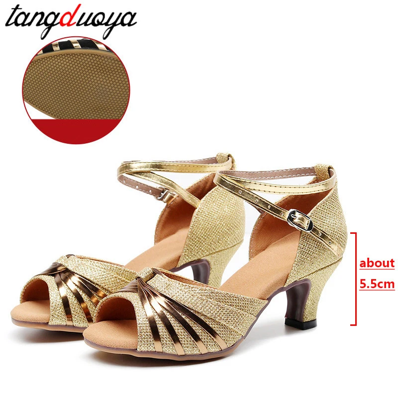 Zapatos de baile de Jazz de salón para mujer, zapatos de baile latino, suela de goma para exteriores, Punta cerrada, tacones altos de 5,5 cm