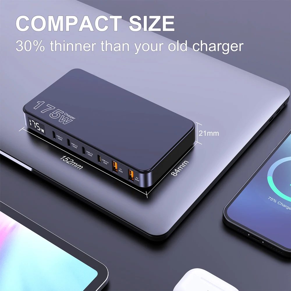 Ueetop 175W GaN USB C Charger LED Display 6-Port Desktop Charger Type C PD 100W PPS 45W Fast Charging for MacBook Samsung iPhone