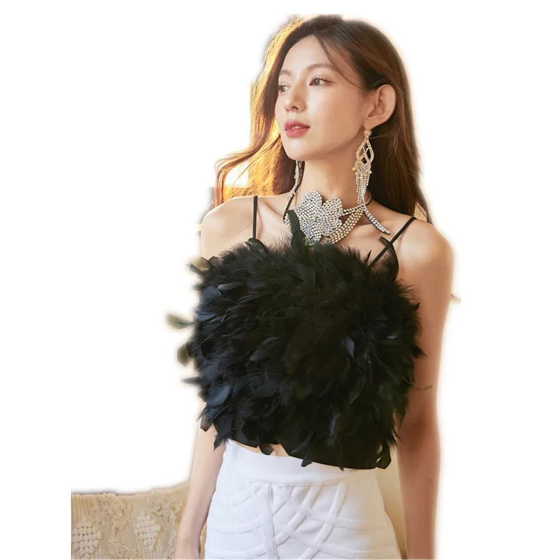 Fashion Soft Genuine Ostrich Feather Tank Tops Girls Solid Color New Girls Party Evening Vest All Match Short