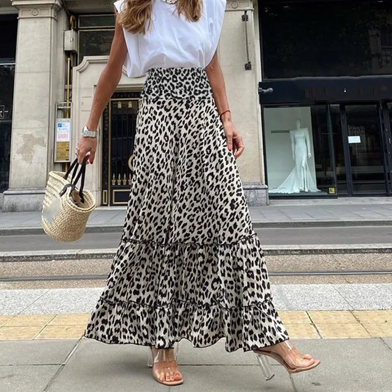 

Fashion Hight Waist Pleated Long Skirt 2024 Women Casual Loose Hem Party Skirt Spring Summer Elegant Leopard Print Beach Skirts