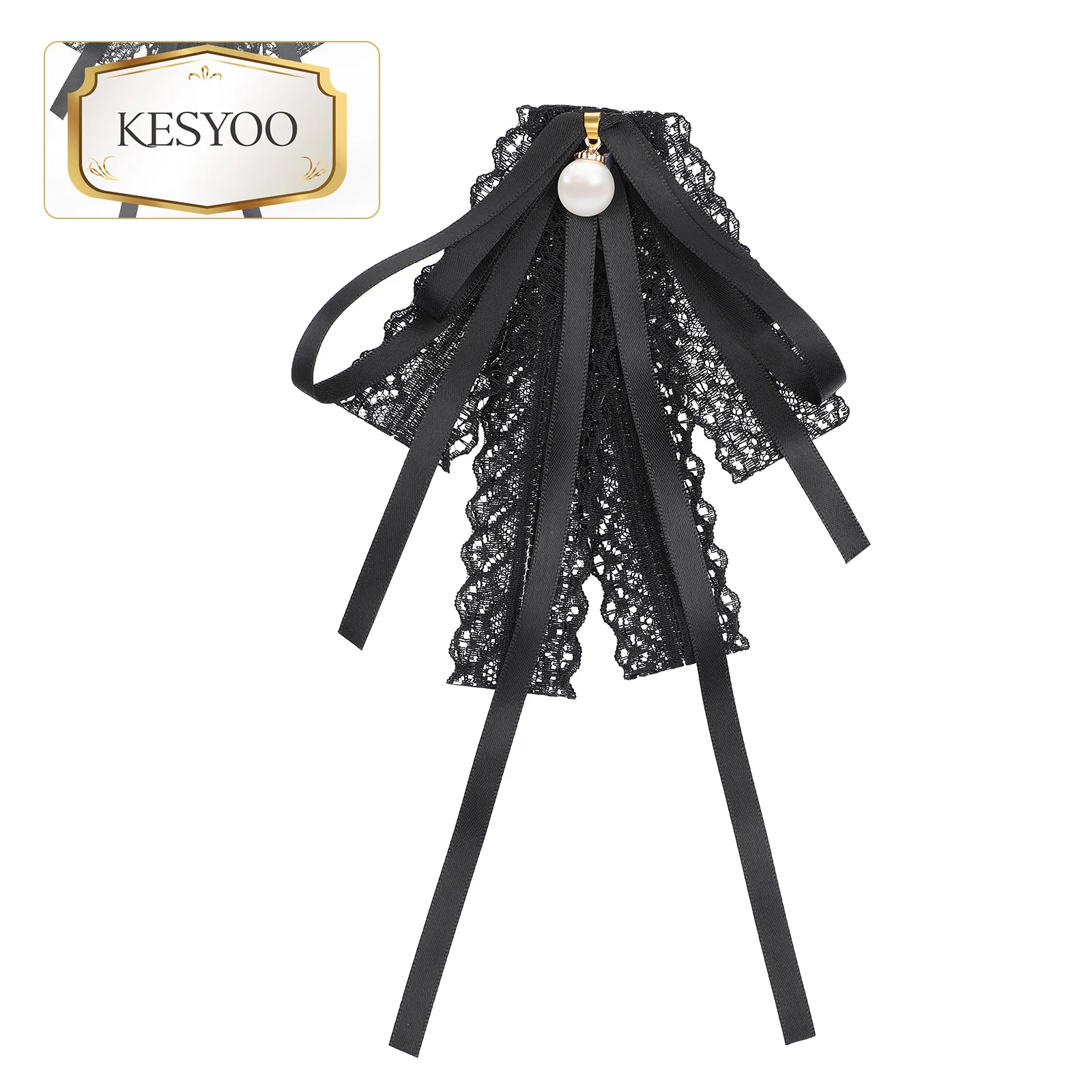 ربطة عنق بشريط من الدانتيل مربوطة مسبقًا مع مشبك بروش أنيق من اللؤلؤ الصناعي لحفلات الزفاف وحفلات التخرج وياقة القميص