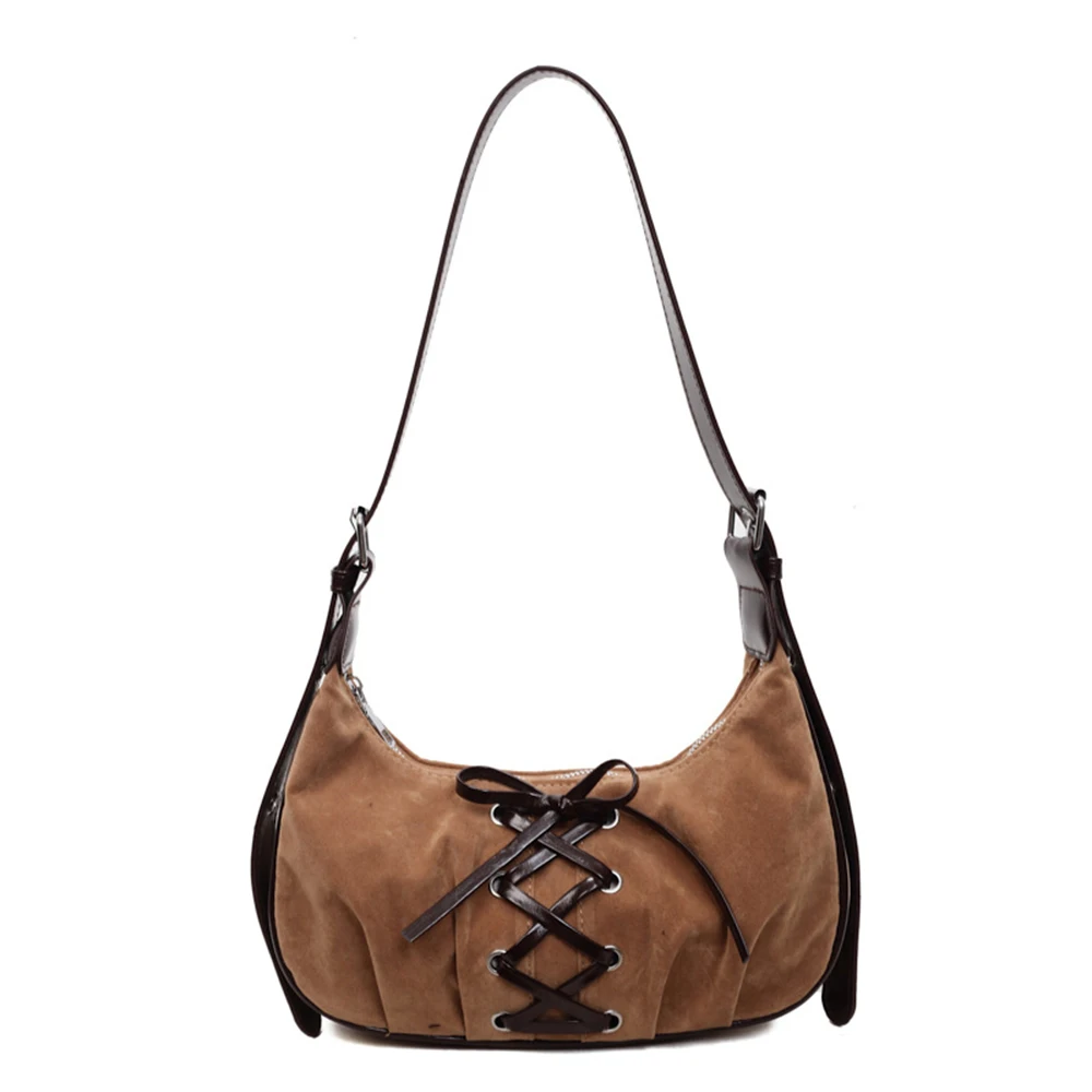 

Tie Bow Decoration Matte Leather Shoulder Bag Patchwork Fabric Design Single Strap Purse Fashion Style Tote for Women Daily