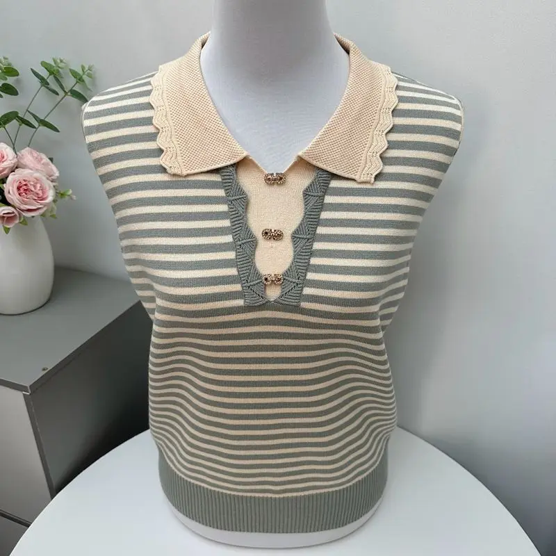 Women Striped Knit Top Lace Peter Pan Collar Decorative Buttons Ladies Casual