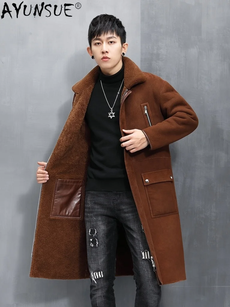 Winter Real Natural Fur Coat 100% Leather Shearling Jacket Long Warm Double-wear Clothes Men Veste En Cuir Homme WPY4379