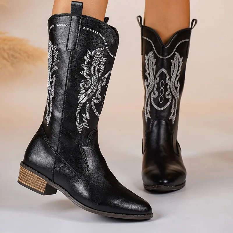 Women Designer Western Boots Suede Ankle Embroidered Low Heel High-top, Knee-high Festival Style Comfortable Daily Casual Shoes