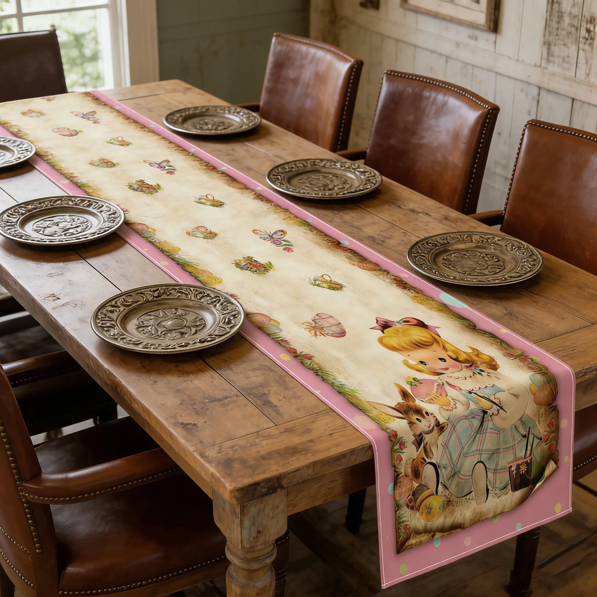 Vintage Rabbit Girl Easter Table Runner, Retro Spring Print for Home Kitchen Table Decor