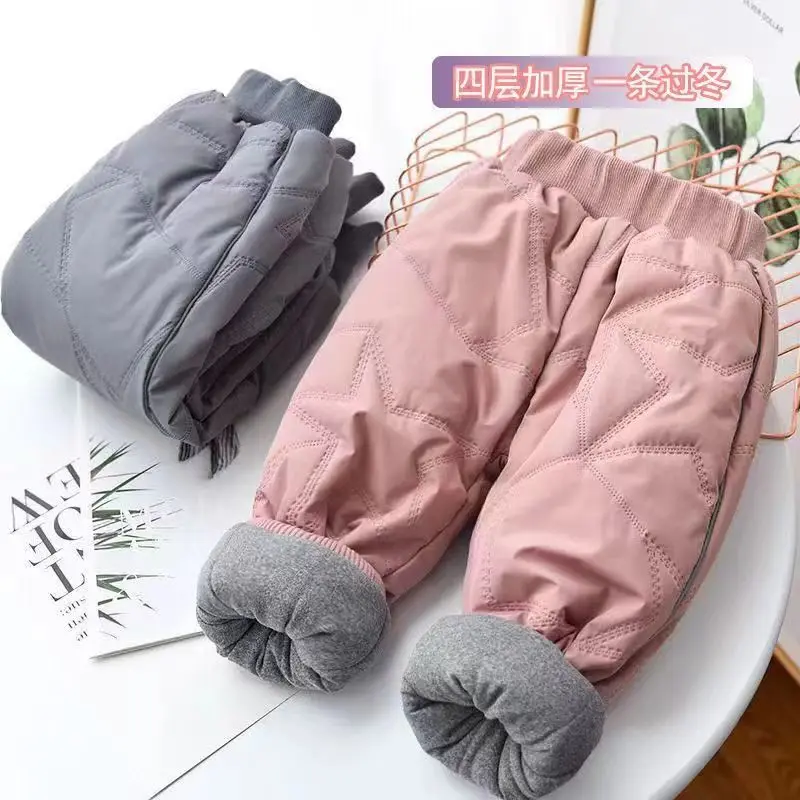 Baby Boys Girls Thick Cotton Ski Pants Winter Four Layers Padded Warm Trousers Kids Waterproof Plus Velvet Outdoor Pants Clothes