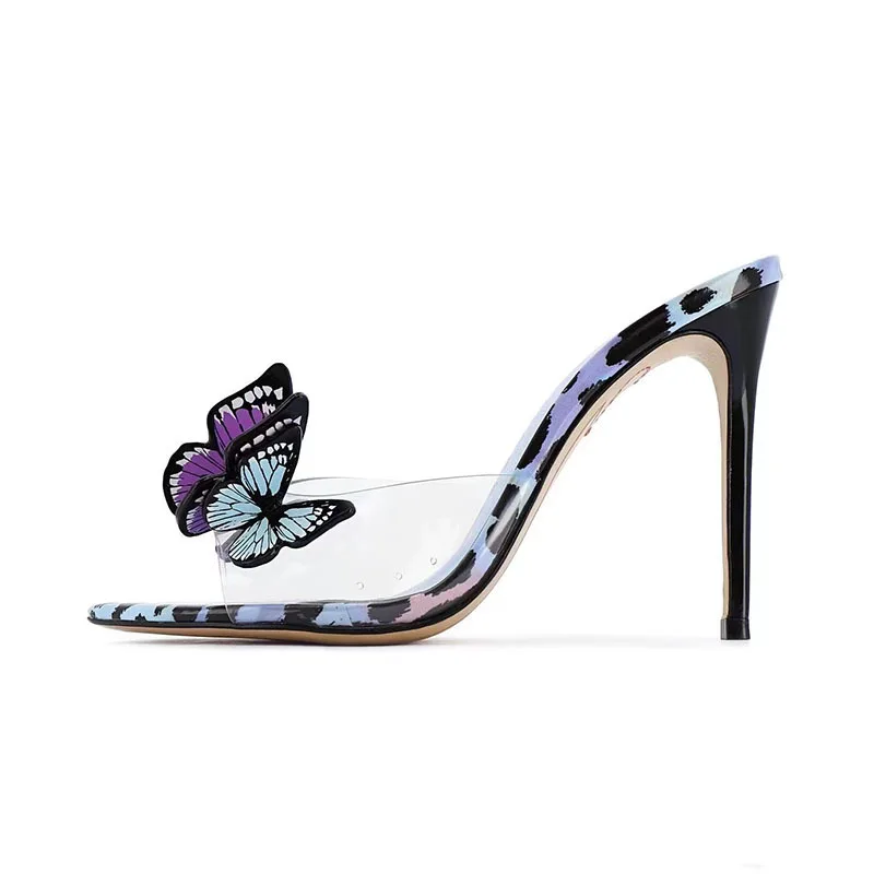 

Pointed Open Toe Slim Heel Elegant Butterfly Slippers~New Transparent Pvc Color Blocking Ultra-High Heel One Word Slipper