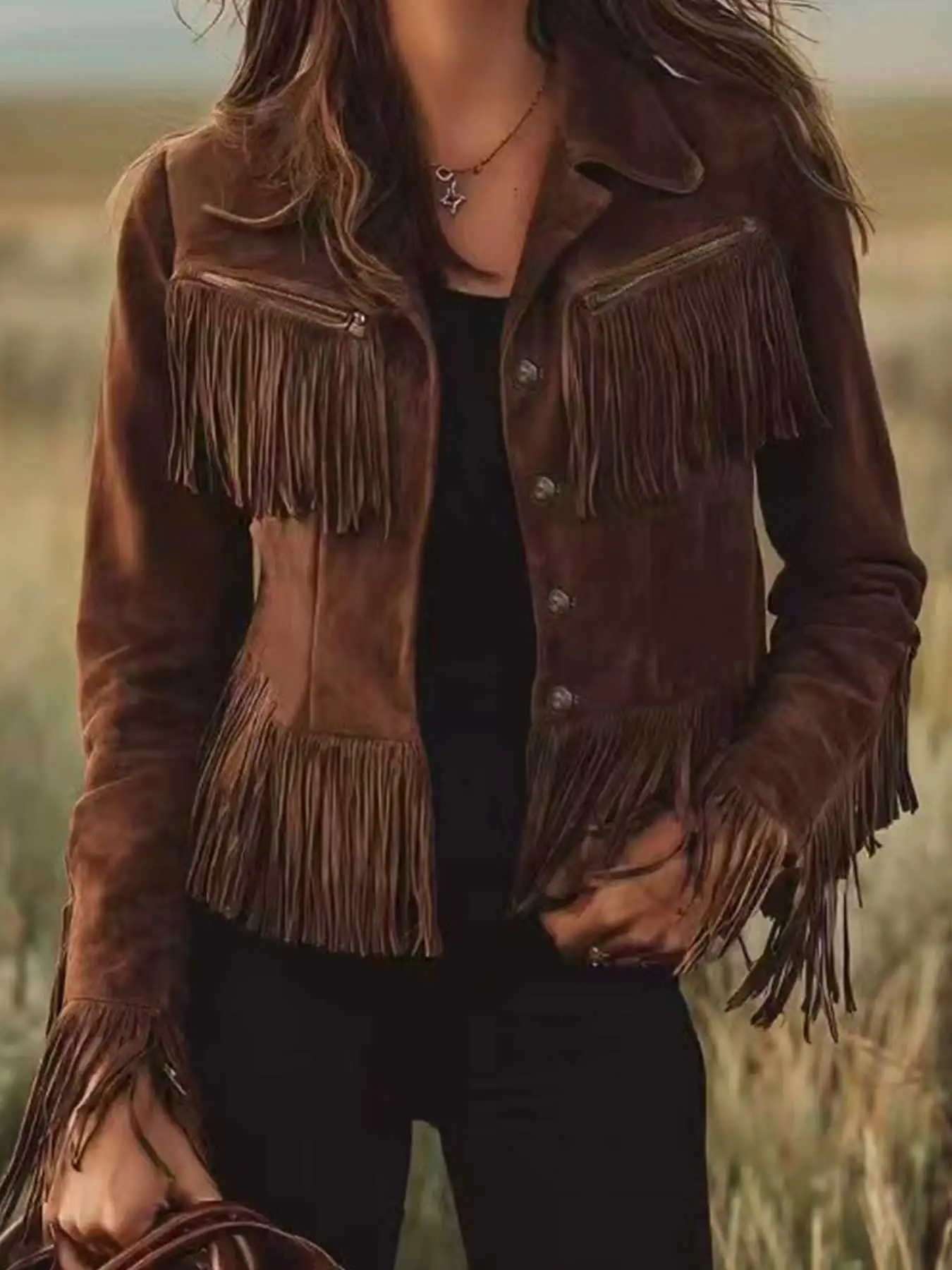 

2026 Новая женская темно-коричневая короткая куртка с кисточками, зубчатый воротник с несколькими карманами, ретро-стиль на весну, осень и зиму