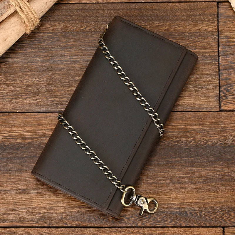 Genuine Leather Leather Clip Purse For Men Multi Card Wallet With Iron Chain Wrist Men Purse For 6 Inch Mobile Phone Pouch Coins