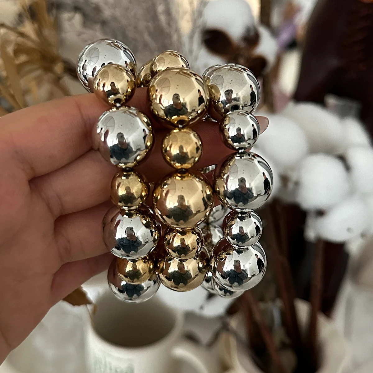 SHIXIN 3Pcs/Set Trendy Gold Color Silver Color Plastics Beads Chain Bracelets for Women Hip Hop Elastic Rope Big Ball Bangles