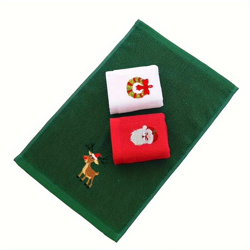 A Set of 3 Pieces of Randomly Colored Christmas-Themed Embroidered Soft, Skin-Friendly Pure Cotton Towels, Suitable for Daily Use in the Kitchen and Bathroom as Face Towels