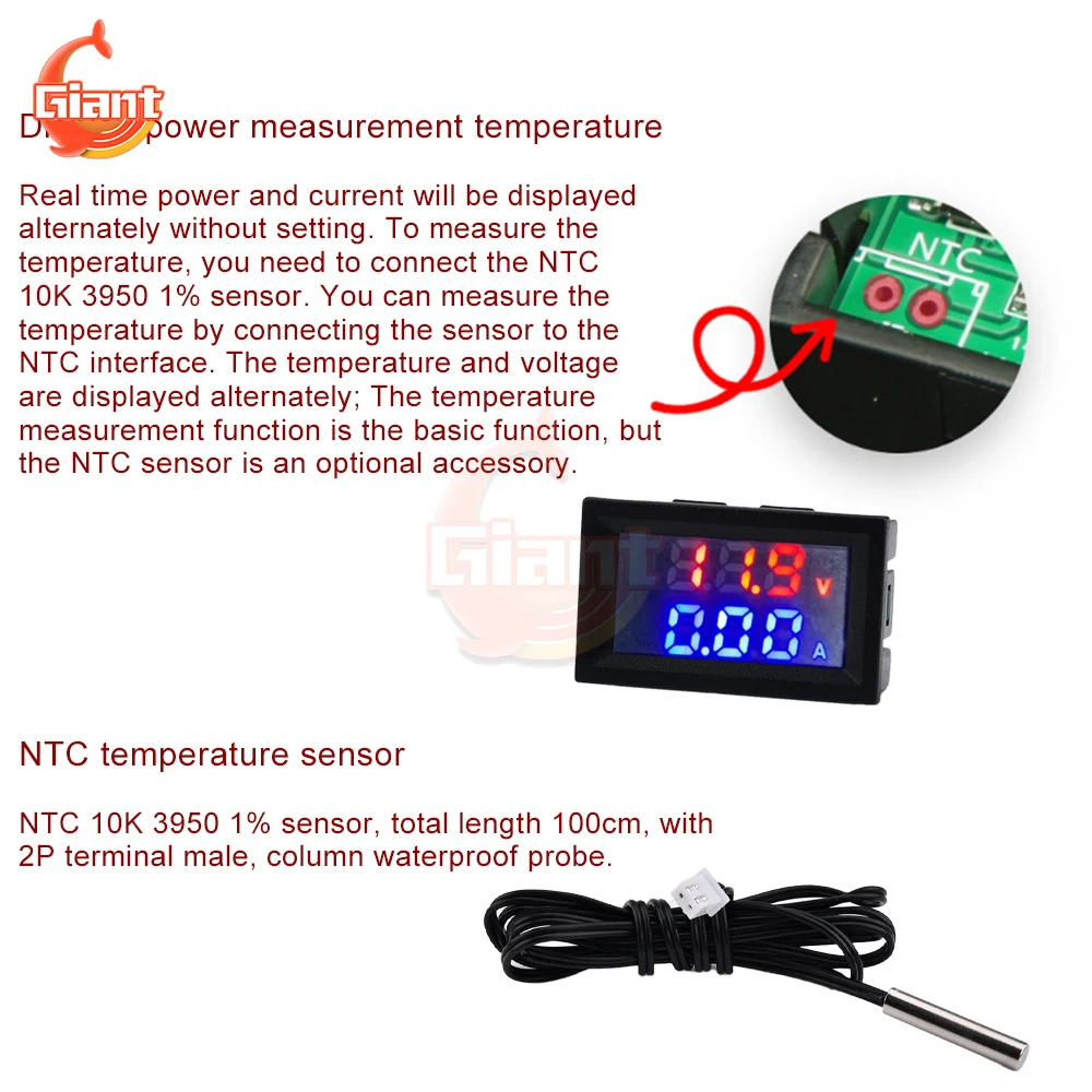 M430C DC4-30V Digital Voltmeter Ammeter Wattmeter NTC Temperature Sensor Detector Voltage Current Tester Power Temperature Meter