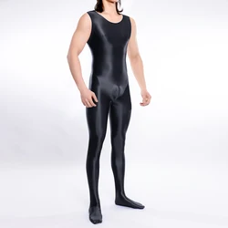 Sexy Men Candy Color Oil Glossy Shiny Shapping Bodysuit Smooth Sheer See Through Tights Elastic Fitness Leotard Sleeveless