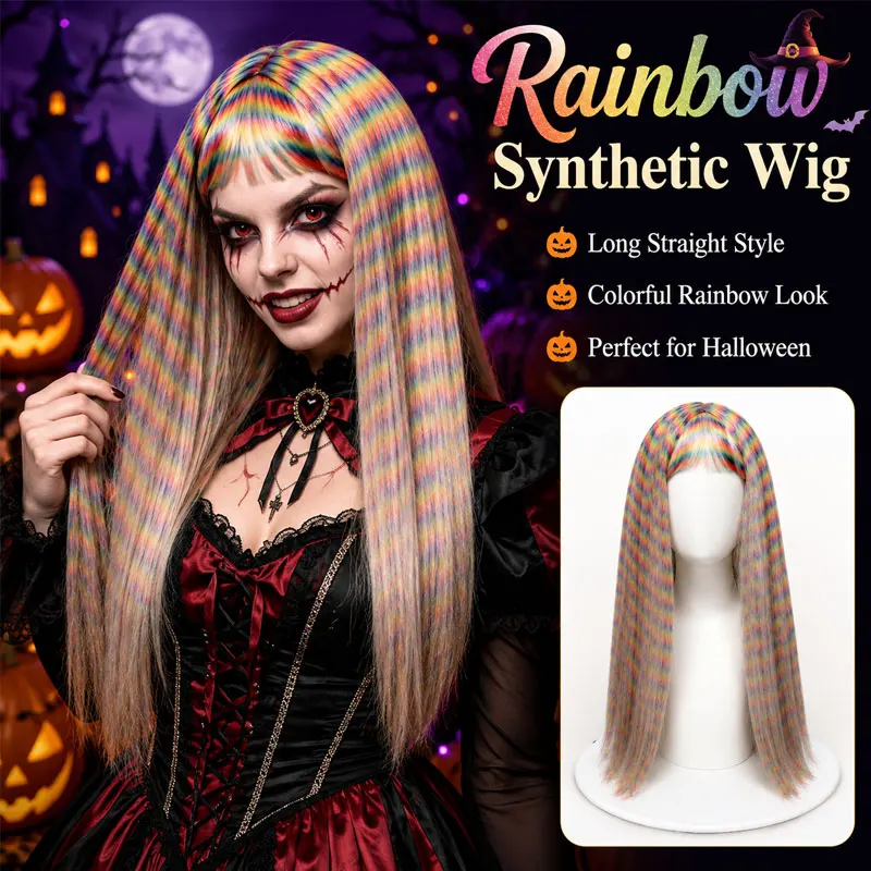 Rainbow Gradient Stripe Long Straight Synthetic Wig With Bangs Colorful Hippie Women Carnival Halloween Party Festival Cosplay