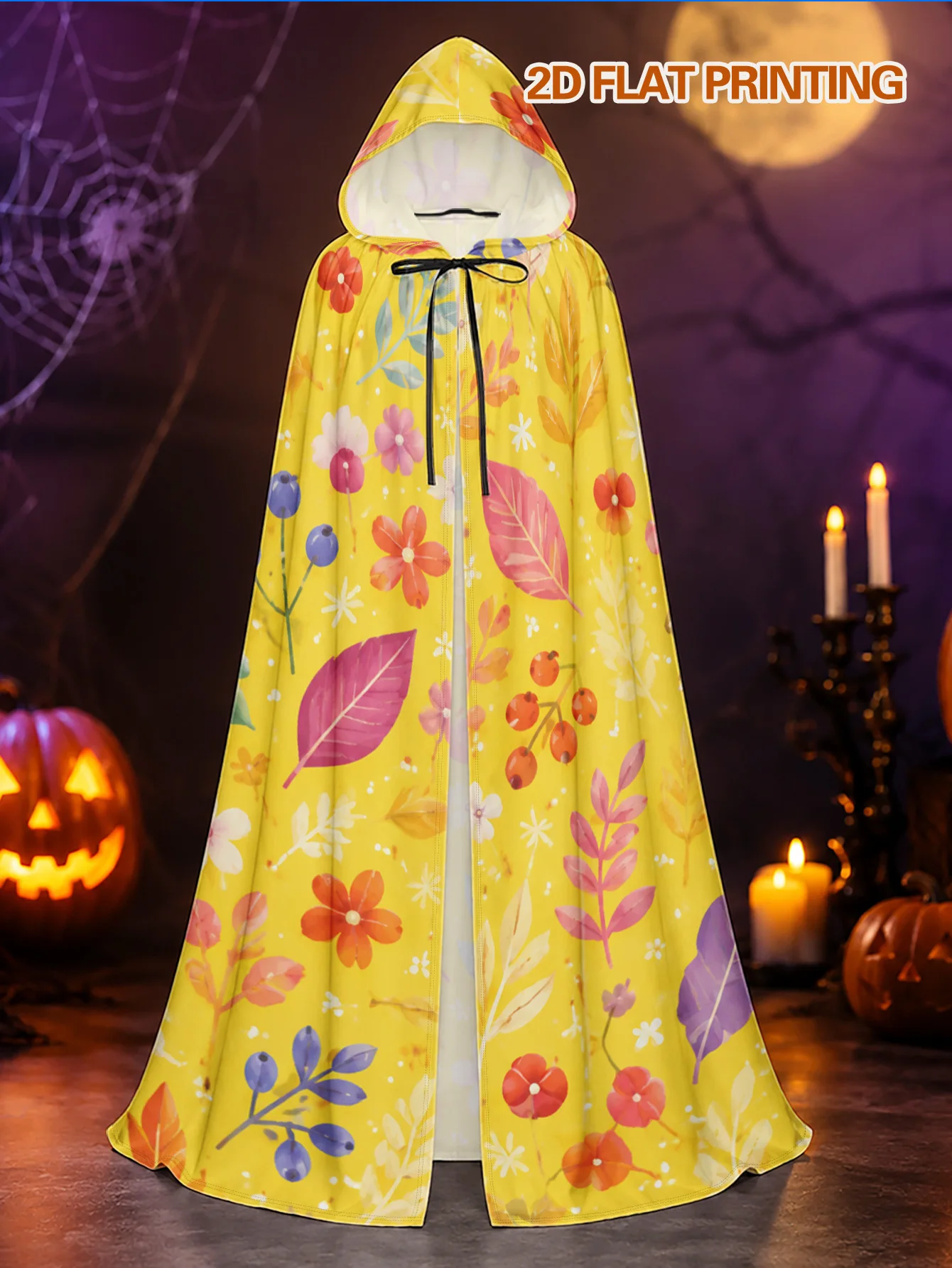 1pc Adult' Halloween Witch Cape & Christmas Cloak Hooded Robe - Floral on Yellow Oversized Hooded Costume, Long Loose