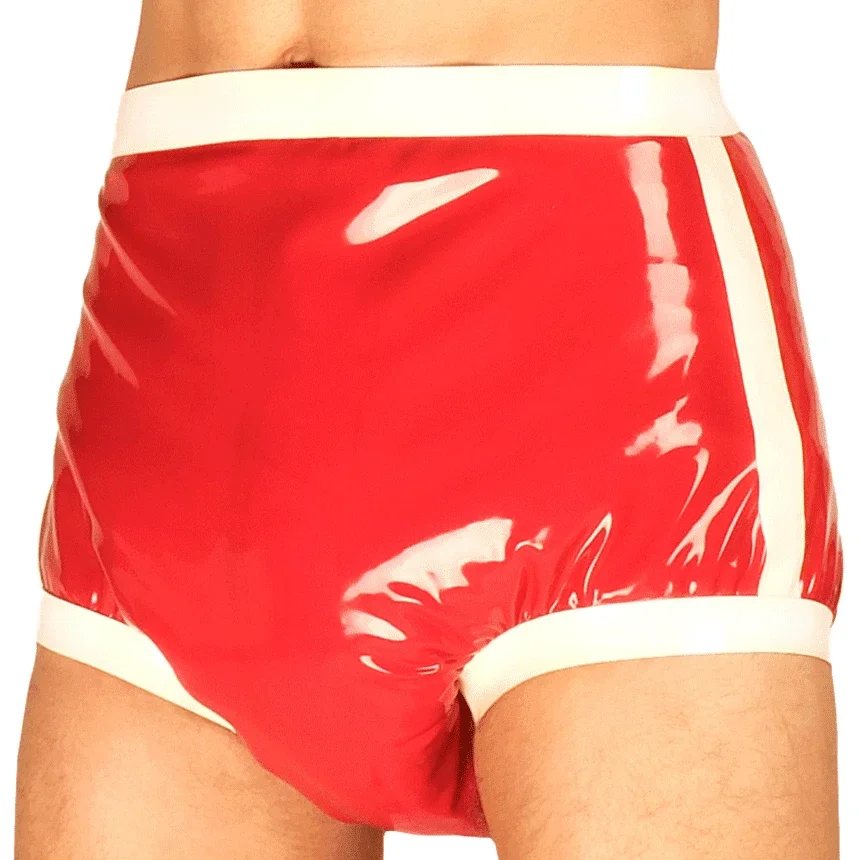 

customized Red And White Sexy Latex Diaper Cover With Stripes At Two Sides Rubber Boxer Shorts Underpants clubwear