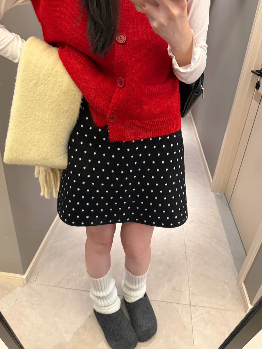 

Lyhooc Polka Dot Thiened Woolen ter Skirt Women's Autumn Winter Miu Sle Wrap around Skirt High Waist A-Line Skirt