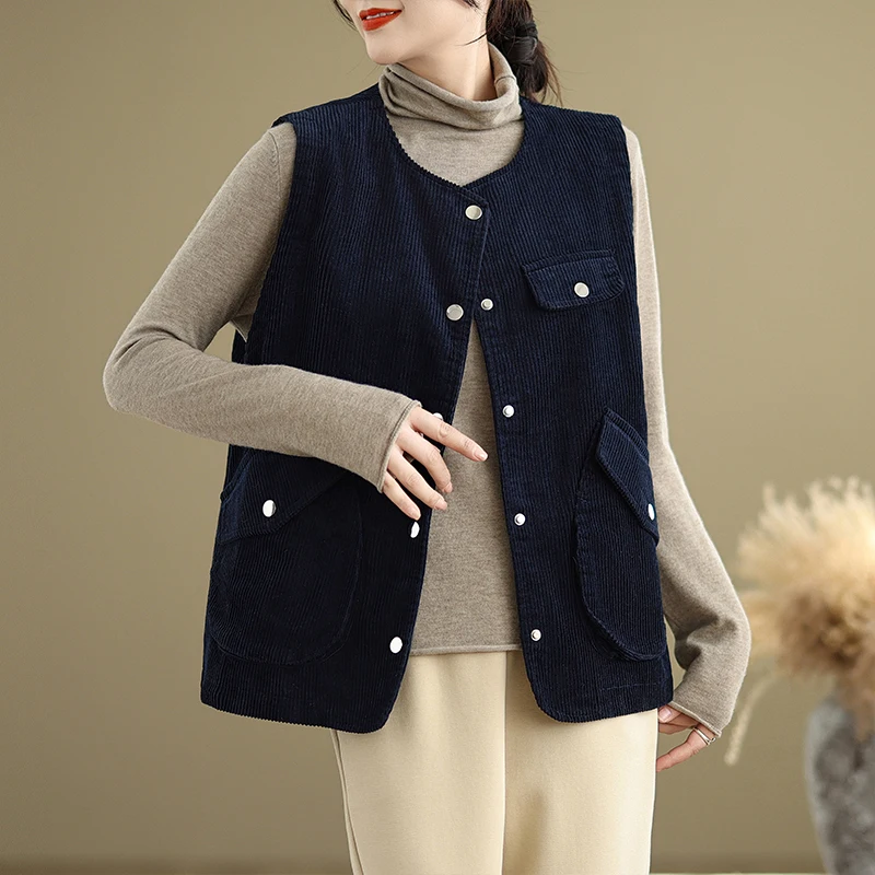 Gilet rétro en velours côtelé de coton pour femmes, ample, polyvalent, Patchwork, grand ket rond Ne Jaet, tendance, printemps automne