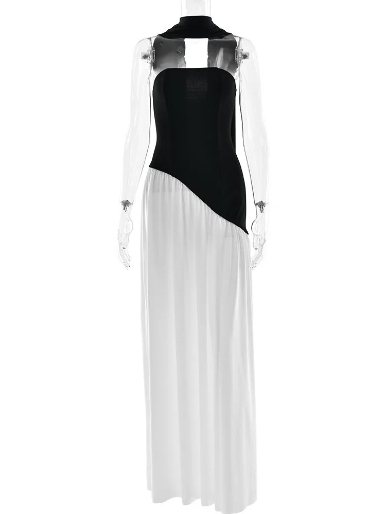 

Элегантная длинная юбка с разрезом и высокой талией в европейском стиле, модное платье без рукавов с высокой талией для женщин