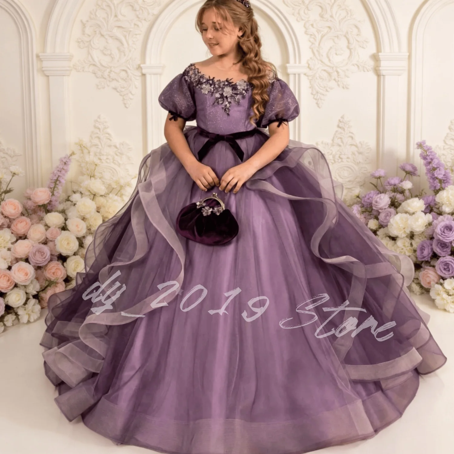 Luxury Purple Tulle Flower Girl Dress Puff Sleeve Princess Dress Big Bow Back with Ruffled Train For Wedding&Photoshoot