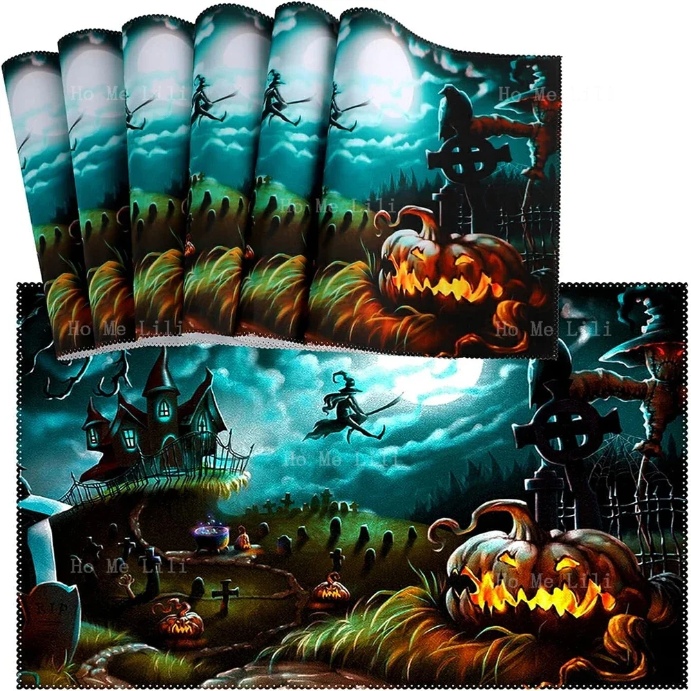 

Halloween table mat ​Witch Castle Moon Pumpkin non-slip washable placemat kitchen home deco