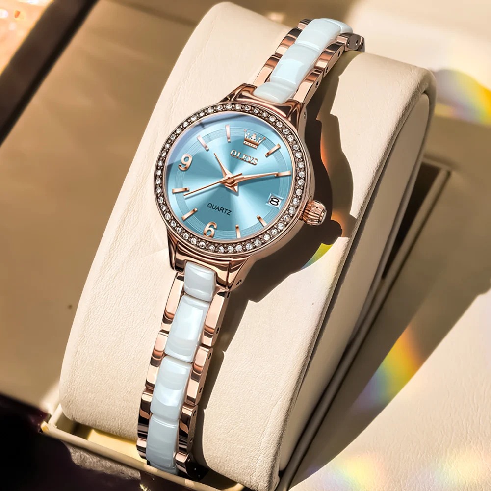 OLEVS Ceramics Women's Watches Elegant Rose Gold Rhinestone Dial Automatic Mechancial Watch Gift Box for Women