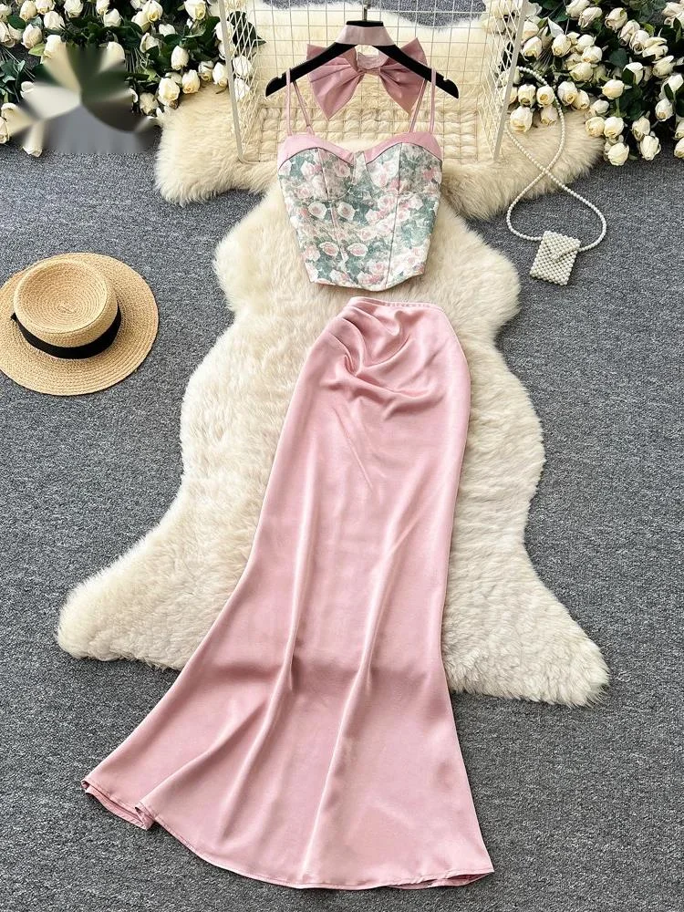 

French Senior Satin Sets Summer Bow Floral Splice Camis+Slim Mermaid Skirt Ladies Print Classy Wedding Party 2Pcs Sets