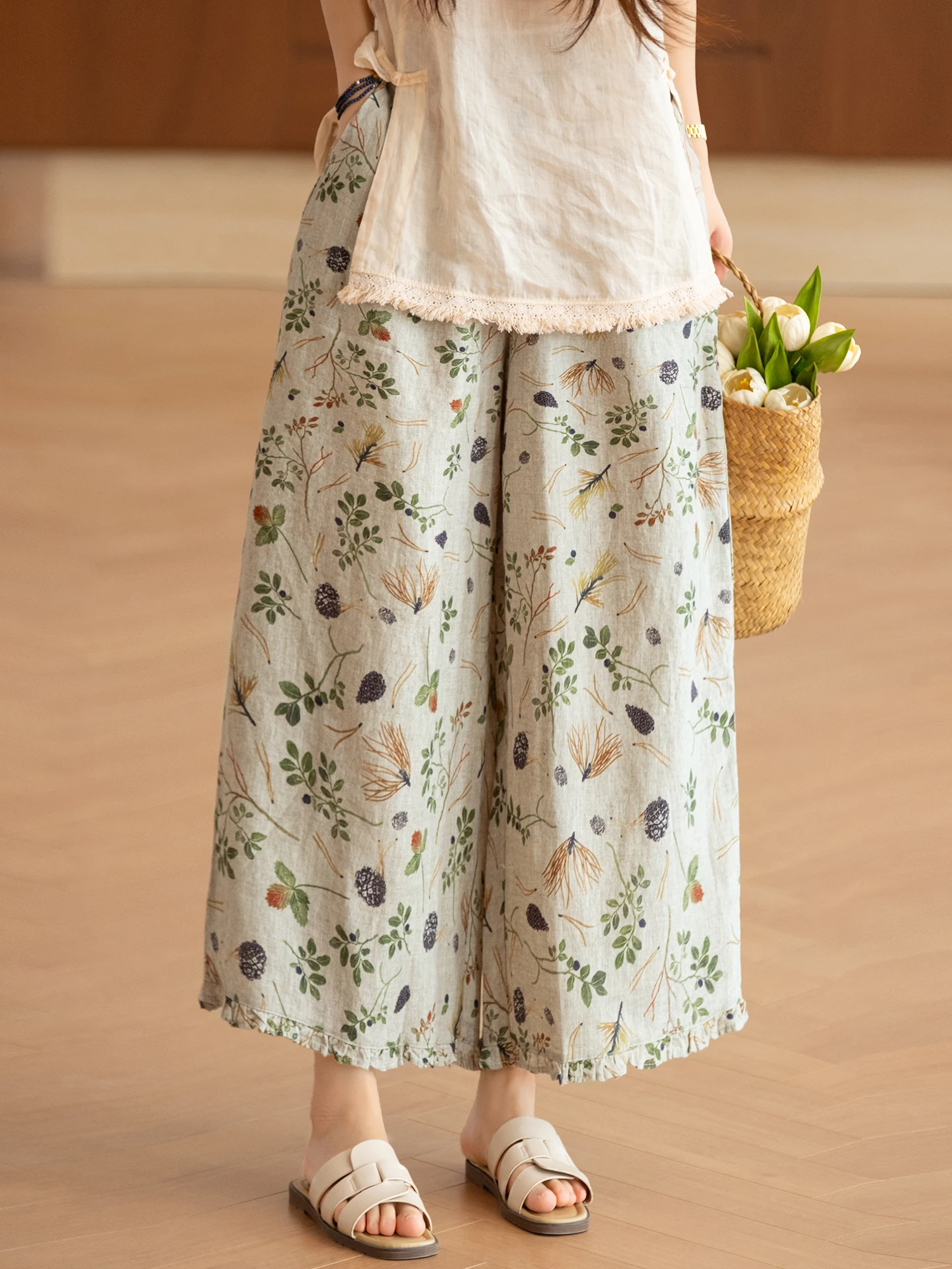 Natural Waist Linen Wide Leg Pants Women's Casual Trousers Breathable Comfortable Floral Print  Embellished Loose Fit