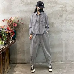 Autumn Rendy Fashion Tooling Jacket Sets Women Loose Bat Sleeve Pocket Jacket Casual Wide-legged Feet Pants Stripe Two Piece Set