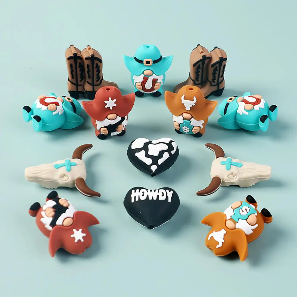 6Pcs 3D Cowboy Silicone Beads Animal Focus Beads For DIY Pacifier Chain Teether Pen Necklace Bracelet Jewelry Making Accessories