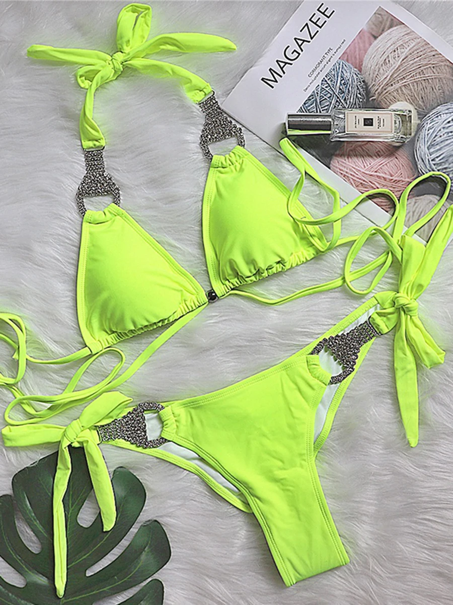 Sexy Neon Green Halter Crystal Diamond Bikini 2025 Women Swimsuit Female Swimwear Rhinestone Bikini set Brazilian Bathing Suit