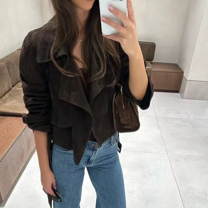 

Women's velvet belt jacket, fashionable and versatile short jacket top, high-quality motorcycle trench coat, 2025 autumn, new