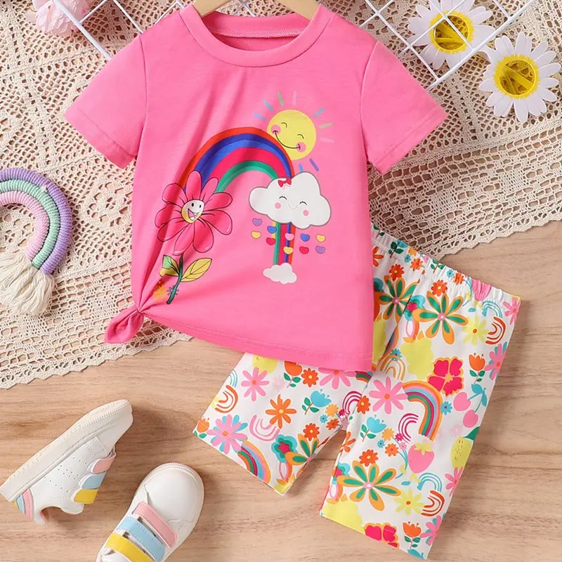 Summer Toddler Kids Girl Clothes Sets Floral Rainbow Sunshine Short Sleeve T Shirts and Shorts Girls 2pieces Children's Outfits