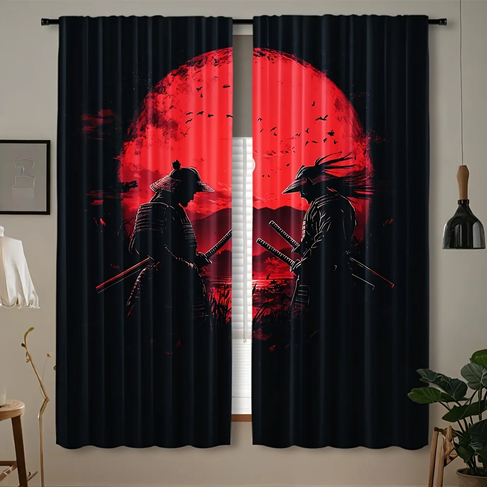 Japanese Samurai Couple Red Moon Curtain Pair for Living Room Home Decor Window Drapes