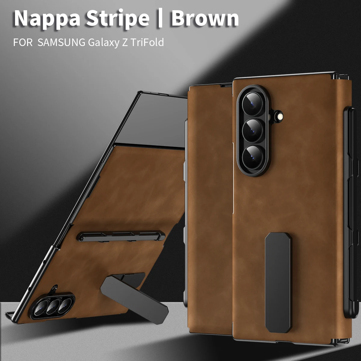 Luxury Leather Texture Case with Pen Slot, Alloy Kickstand, Stylus, Shockproof & Anti-Fingerprint Cover for Samsung Z TriFold