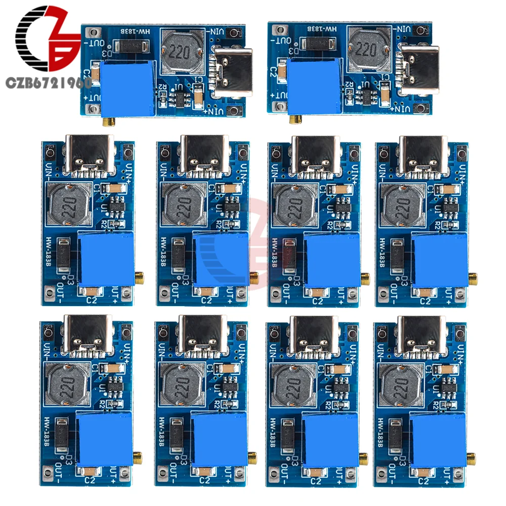 10pcs MT3608 Adjustable Step Up Module Voltage Regulator Micro USB Type-c Plug 2V-24V to 5V-28V 2A Step-Up DC-DC Boost Converter