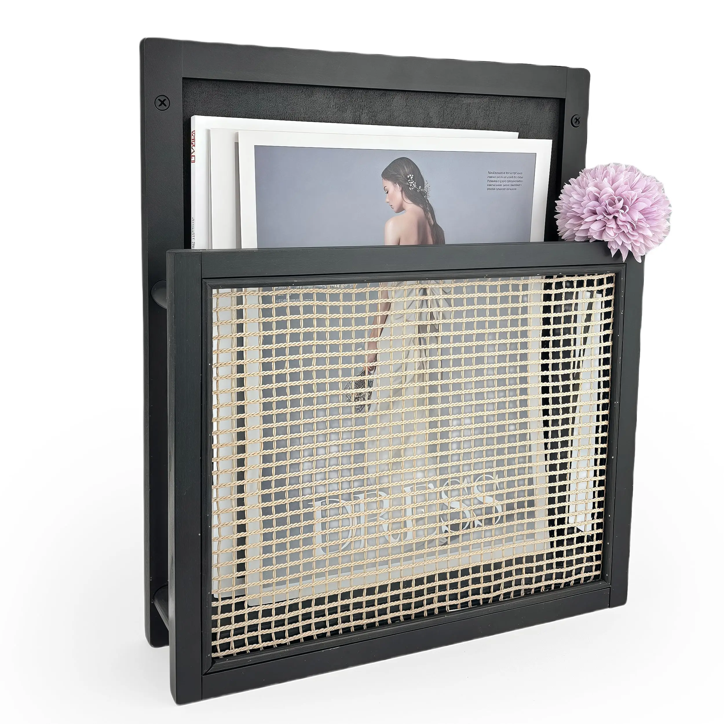 

Black Wooden Wall-Mounted Magazine Rack With Natural Fiber Woven Front Panel, Bohemian Style File And Mail Organizer For Living