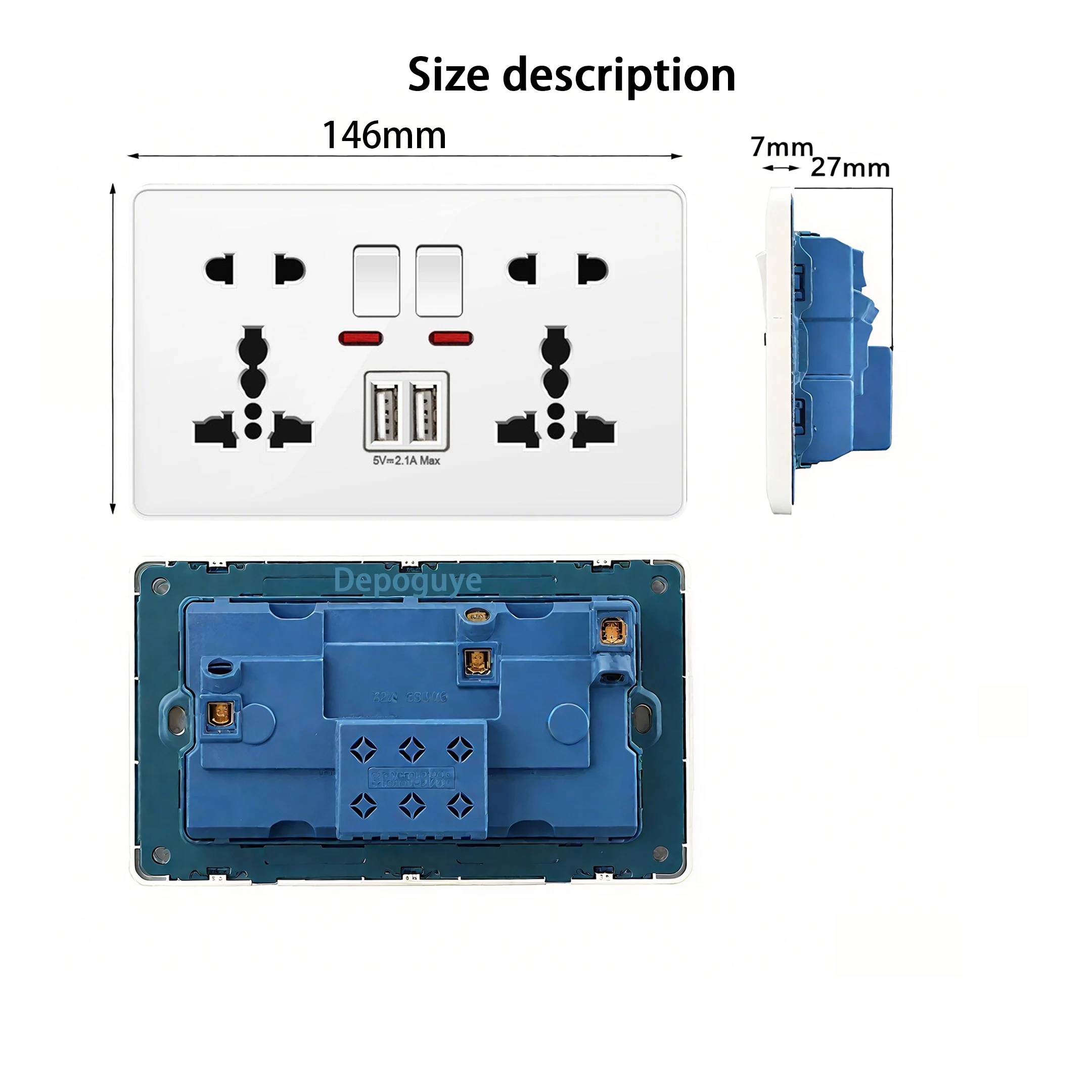 Picture 7: 18W Type-C Plug Quick Charging Universal 5-pin Dual Power Socket,UK Standard 13A Wall Socket with DC 5V 3.1A Type-c USB Charger