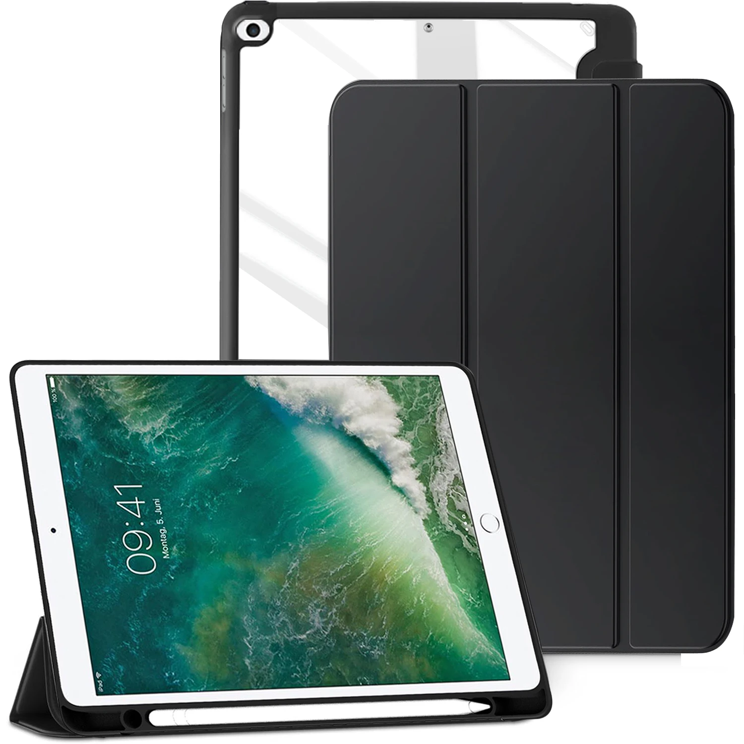 Flip Tablet Cover For iPad Air 1/2 9.7'' 2017 2018 5th 6th Generation Acylic Back Case With Pencil Holder Auto Wake up /Sleep