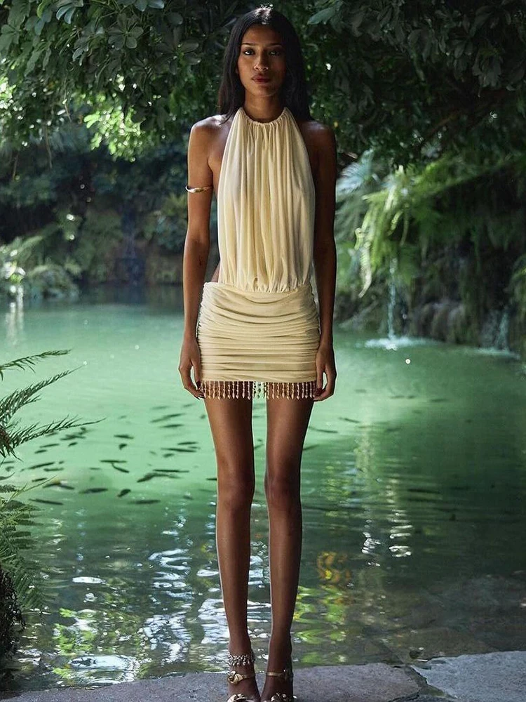 Kliou-Vestido drapeado con borlas y cuello Halter para mujer, minivestido liso con cordones y Espalda descubierta, Vestido moldeador de cuerpo, tendencia femenina, Vestido de fiesta de vacaciones